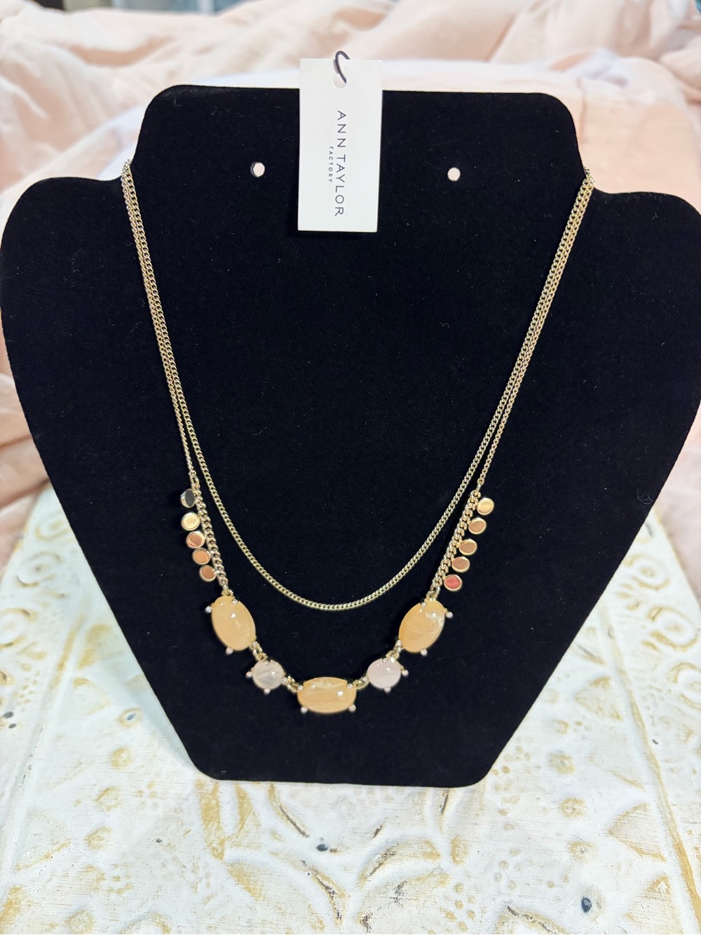 Ann Taylor Gold Tone Layered Necklace with Beige and Pale Pink Stones